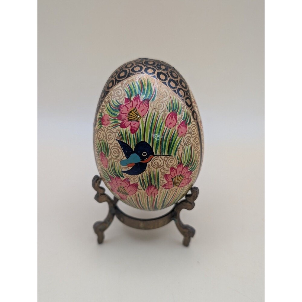 Vintage Kashmiri Hand Painted Wooden Egg Bird Floral Folk Art w/ Metal Stand
